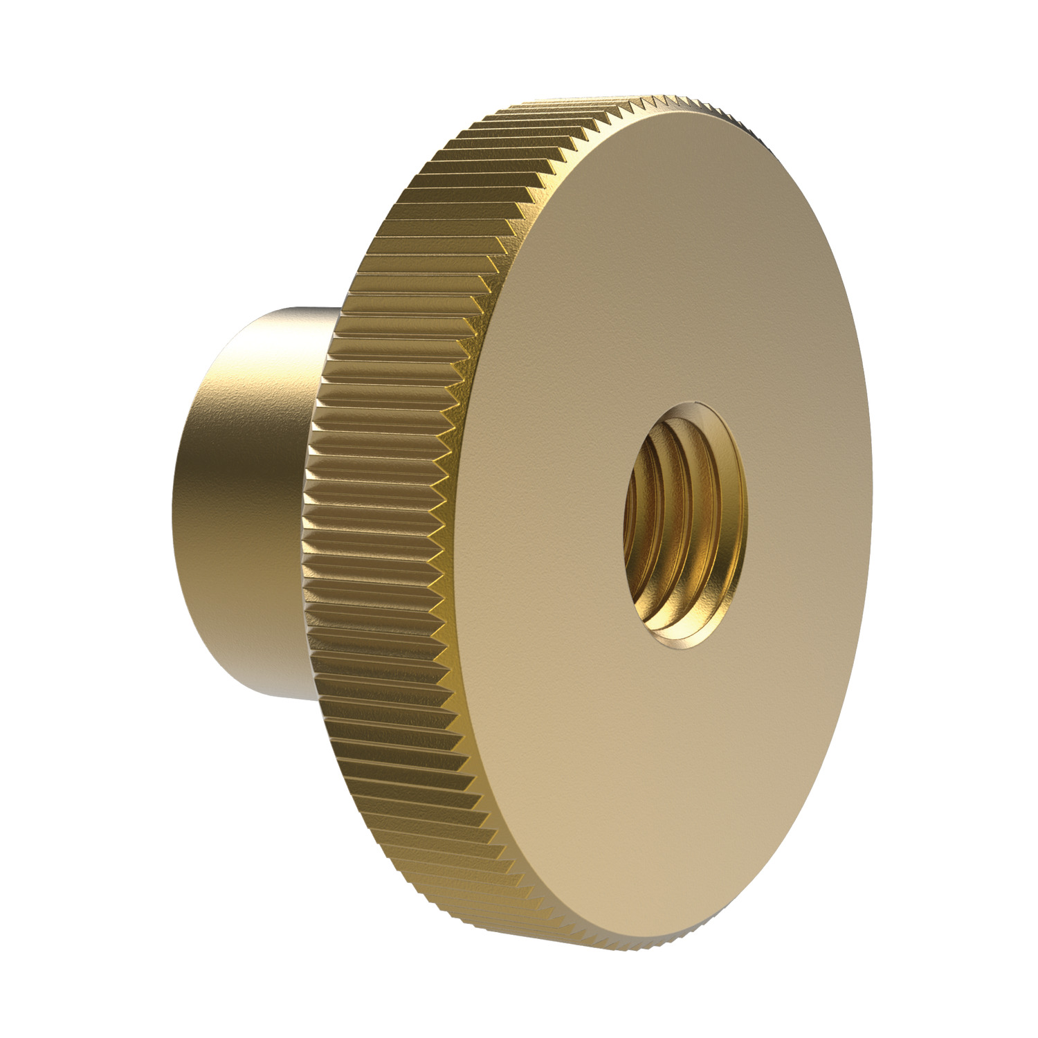 Brass Knurled Nuts Self coloured. Unfinished finish. 
To DIN 466.
Size 12 not contained in DIN standard.
Sizes from M 3 to M 10.