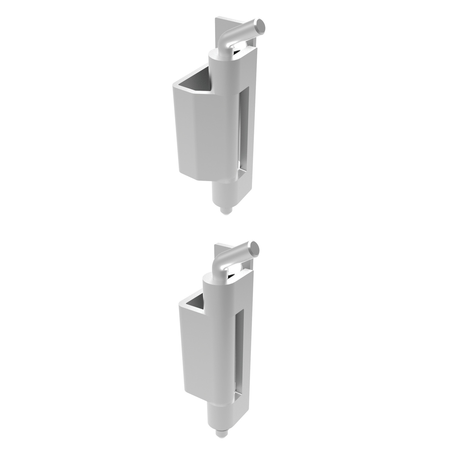 Concealed Pivot Hinges - Lift Off Weld and countersunk screw. White zinc plated steel. For sheet metal and machine enclosures with 22-25mm door return. Removable hinge pin enables easy installation. Max. opening angle 120° or 90°.