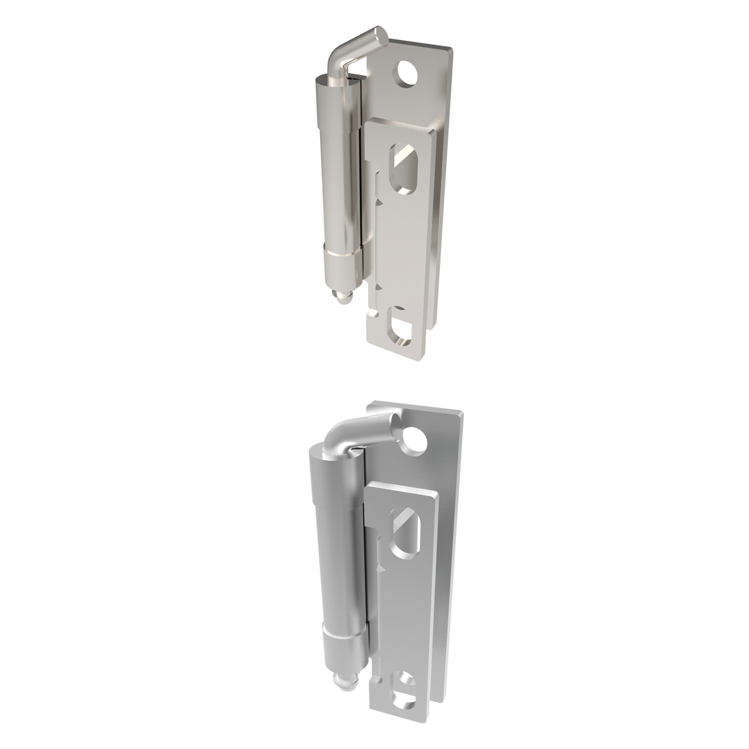 Concealed Pivot Hinges - Lift Off Weld and oval head screw. White zinc plated steel. For sheet metal and machine enclosures with 20-24mm door return. Removable hinge pin. Max. opening angle 120°.