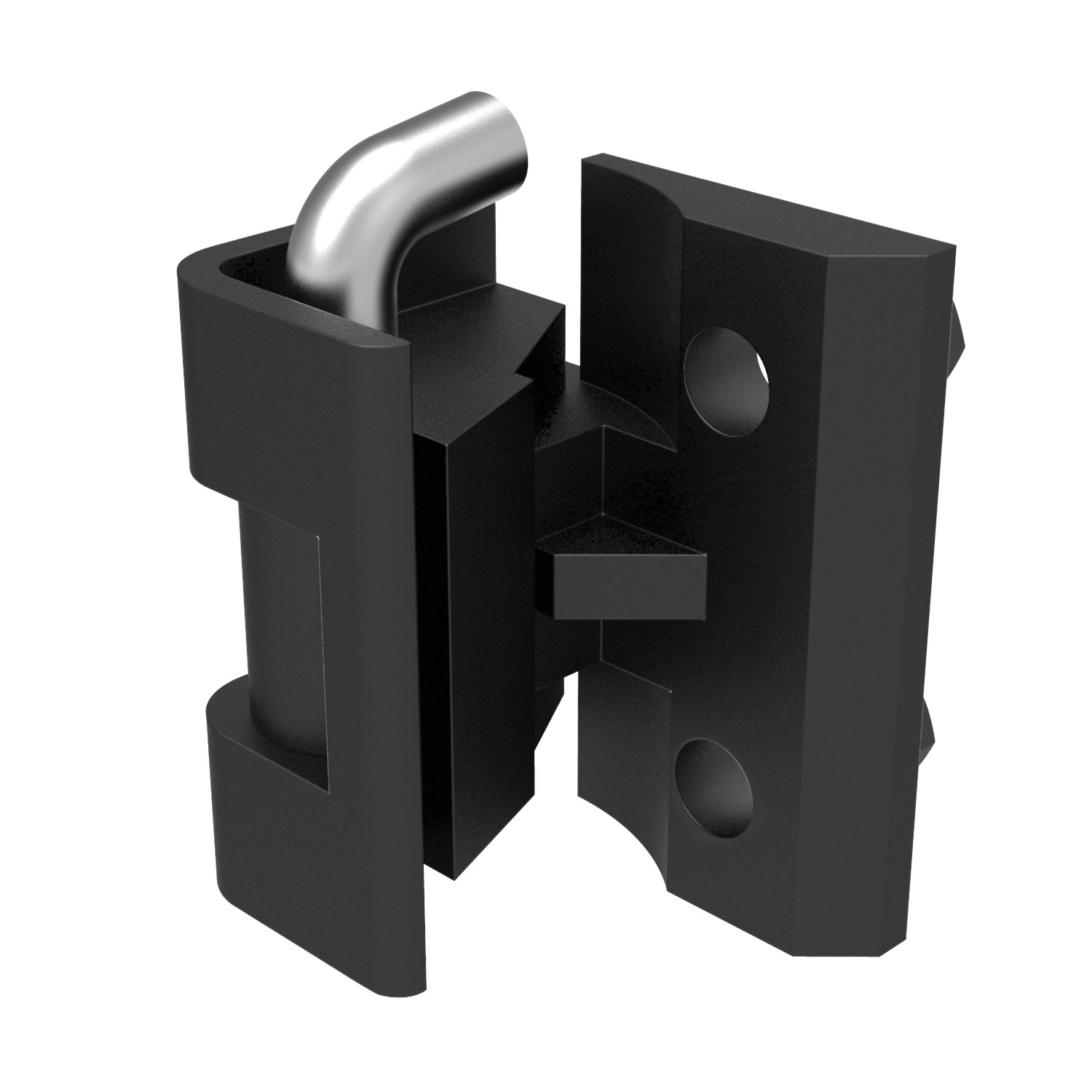 Corner Hinge - 24 to 26mm Door Return Cut out and countersunk screw. Black powder coated die cast zinc. For sheet metal and machine enclosure with 24-26mm door return and up to 3mm  panel thickness. Universal left or right. Max. opening angle 180°.