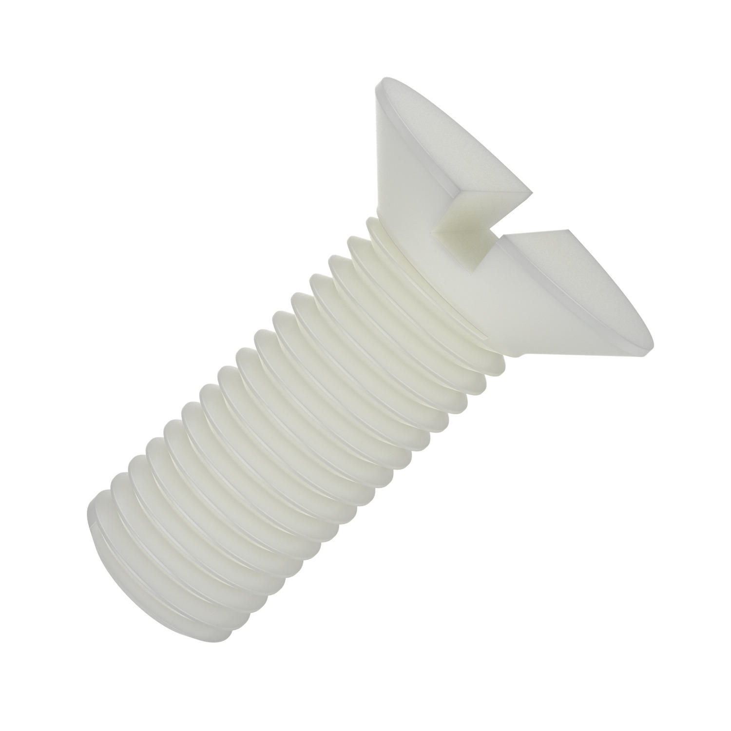 Slot Countersunk Screw Nylon PA 6/66, standard.
Available in M 2 to M 16. 
Produced to DIN 963. Natural or black.Resistant to most dilute acids.Sold in multiples of 100.