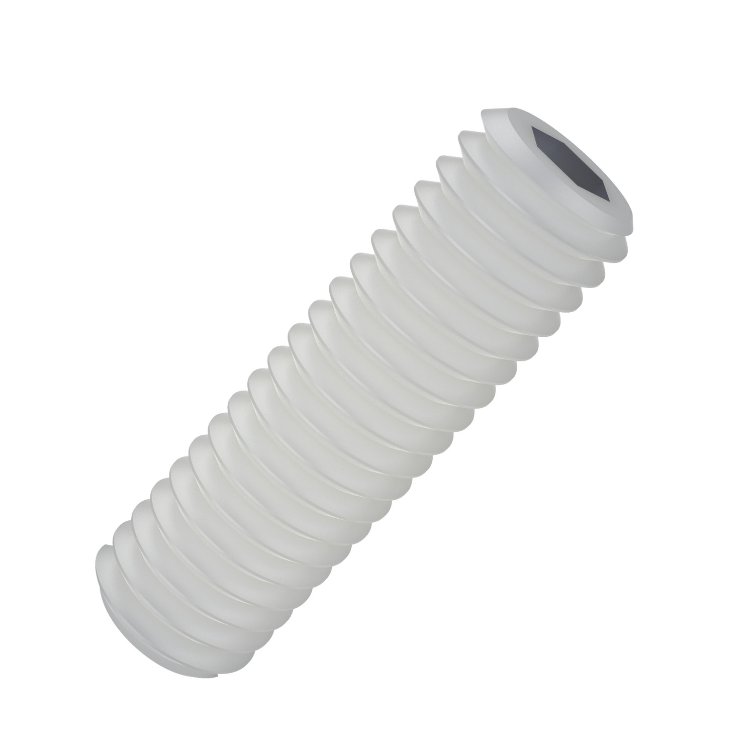 Socket Set Screw Flat Point Nylon PA 6/66, standard.
Available in M 4 to M 24. 
Produced to DIN 913. Natural.
Nylon protects work surfaces.
Sold in multiples of 100.